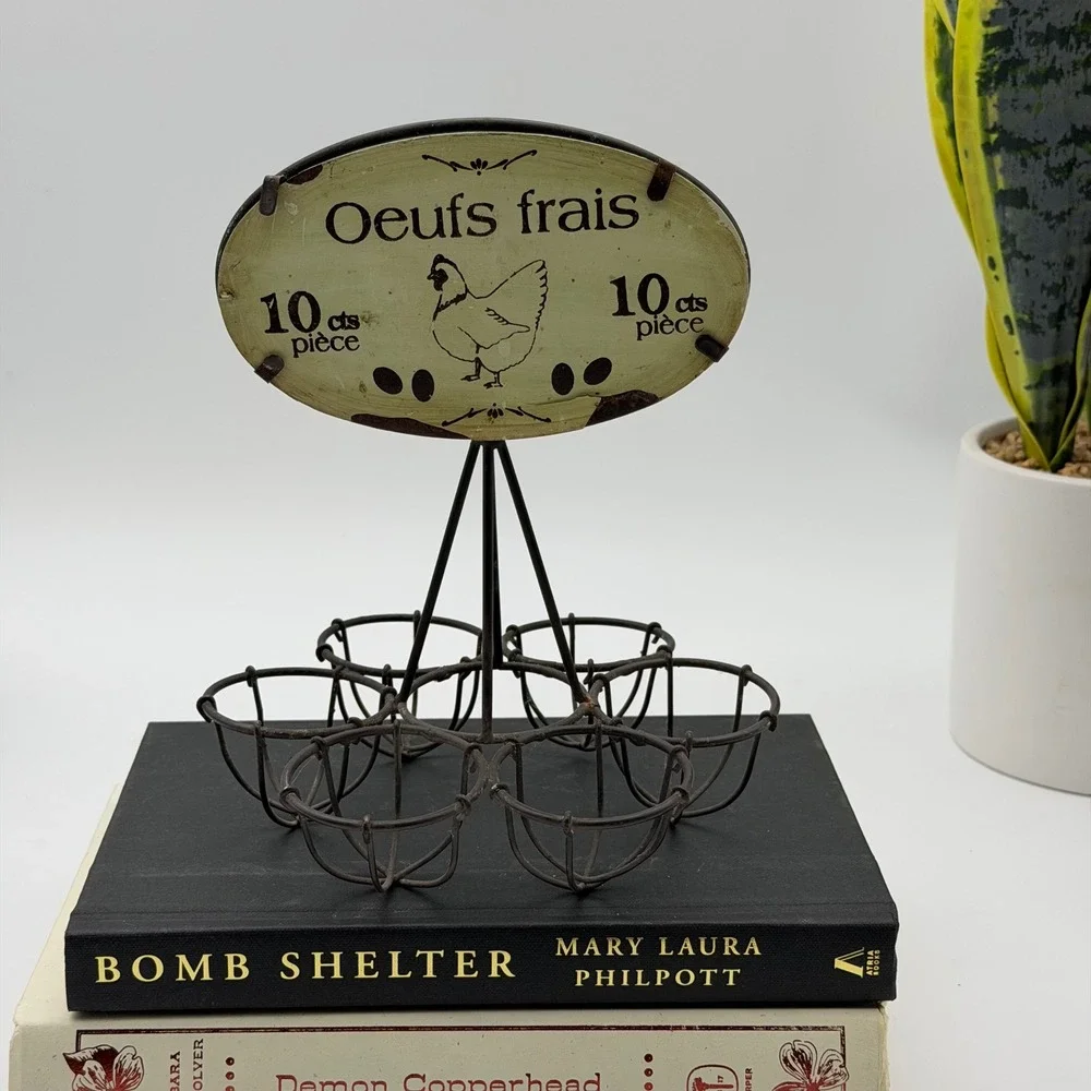 French Country Wire 6 Egg Holder Oeufs Frais Hen Metal Sign Farmhouse